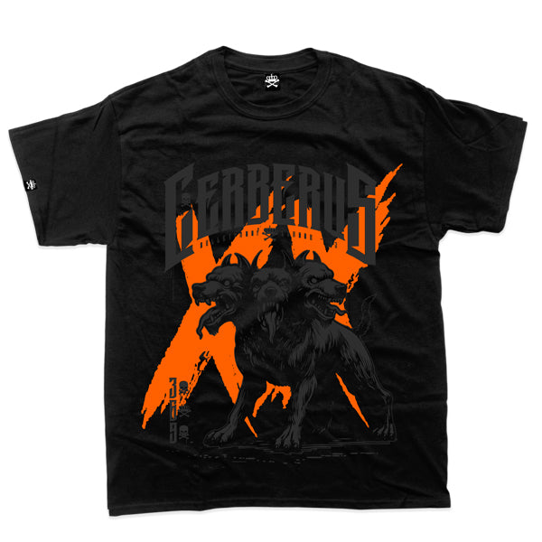 CERBERUS BLACKOUT TSHIRT - BLACK ON BLACK ORANGE.