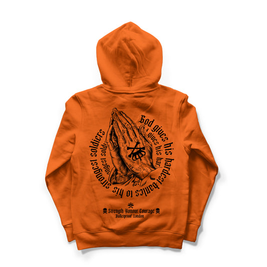 "GODS BATTLE 2" HOODIE - BLACK ON ORANGE.